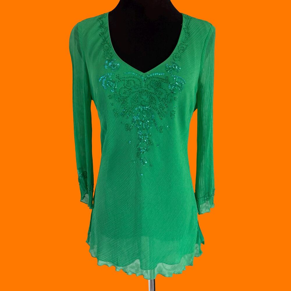 00's vintage green 100% silk chiffon beaded y2k tunic top LARGE sunny leigh